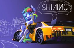 Size: 2574x1668 | Tagged: safe, artist:blue ink, oc, oc only, oc:shining star, pony, unicorn, semi-anthro, bipedal, bipedal leaning, car, chest fluff, clothes, human shoulders, jacket, leaning, not rainbow dash, solo, sports car, sportscar, visor