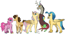 Size: 1280x686 | Tagged: safe, artist:birbnerd17, cheese sandwich, discord, fluttershy, pinkie pie, princess skystar, bird, draconequus, earth pony, pegasus, pony, g4, my little pony: the movie, alternate design, alternate universe, female, implied cheesepie, implied discoshy, implied lesbian, implied shipping, implied straight, interspecies, male, polyamory, simple background, story included, transparent background