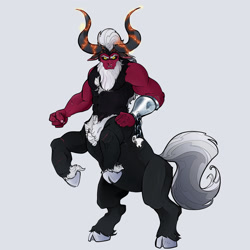 Size: 1920x1920 | Tagged: safe, artist:derp1exclamation, lord tirek, centaur, taur, g4, alternate design, beard, bracer, chains, clenched fist, cloven hooves, collaboration, colored hooves, facial hair, gray background, horn, illustration, magic, male, nose piercing, nose ring, piercing, scar, septum piercing, simple background, skull, white background, white hair
