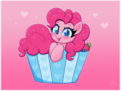 Size: 4000x3000 | Tagged: safe, artist:confetticakez, pinkie pie, earth pony, pony, g4, berry, bust, colored pupils, cupcake, cute, diapinkes, female, food, heart, heart eyes, high res, looking at you, mare, open mouth, open smile, smiling, solo, sprinkles, strawberry, wingding eyes