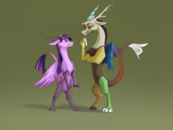 Size: 2732x2048 | Tagged: safe, artist:blue ink, derpibooru exclusive, discord, twilight sparkle, draconequus, g4, angry, antlers, beard, claws, discord what have you done, draconequified, duo, facial hair, female, gritted teeth, high res, male, paws, shadow, species swap, tail, tail hand, thumbs up, twikonequus, twilight sparkle is not amused, unamused