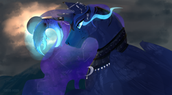 Size: 5020x2798 | Tagged: safe, artist:tokyo-m00n, princess luna, alicorn, pony, blue eyes, clothes, cloud, colored pupils, ethereal mane, eye, eyes, feather, female, flowing mane, glowing, horn, moon, moonlight, mountain, night, signature, solo, sombra eyes, starry mane, wings