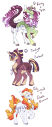 Size: 1041x2500 | Tagged: safe, artist:yuyusunshine, oc, oc only, dracony, earth pony, hybrid, pony, unicorn, interspecies offspring, offspring, parent:double diamond, parent:rarity, parent:spike, parent:sunburst, parent:sunset shimmer, parent:twilight sparkle, parents:doubleset, parents:sparity, parents:twiburst, simple background, trio, white background