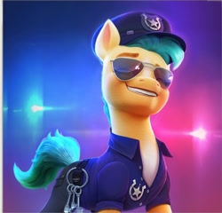 Size: 888x854 | Tagged: safe, artist:imalou, screencap, hitch trailblazer, earth pony, pony, g5, my little pony: a new generation, spoiler:my little pony: a new generation, 3d, badge, calendar, clothes, glasses, grin, handsome, hat, key, keychain, male, markings, pants, police, police hat, police officer, police uniform, shirt, smiling, solo, stallion, stupid sexy hitch trailblazer, sunglasses