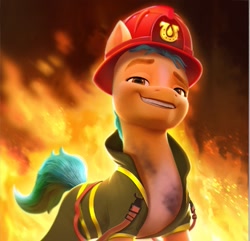 Size: 873x840 | Tagged: safe, artist:imalou, screencap, hitch trailblazer, earth pony, pony, g5, my little pony: a new generation, spoiler:my little pony: a new generation, 3d, calendar, clothes, dirt, fire, firefighter, grin, handsome, helmet, jacket, male, markings, smiling, solo, stallion, stupid sexy hitch trailblazer