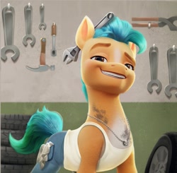 Size: 865x849 | Tagged: safe, artist:imalou, screencap, hitch trailblazer, earth pony, pony, g5, my little pony: a new generation, spoiler:my little pony: a new generation, 3d, bolt cutter, calendar, cloth, clothes, dirt, grin, hammer, handsome, jeans, jewelry, male, markings, mechanic, necklace, oil, pants, smiling, socket wrench, solo, stallion, stupid sexy hitch trailblazer, tank top, wrench