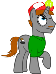 Size: 902x1191 | Tagged: safe, artist:red4567, oc, oc only, oc:red forseven, pony, unicorn, 2022 community collab, derpibooru community collaboration, g4, ball, blue eyes, brown mane, brown tail, clothes, facial hair, full body, glasses, green shirt, hat, horn, horn impalement, hornball, looking up, male, moustache, raised hoof, shirt, show accurate, simple background, solo, stallion, standing, tail, tennis ball, transparent background, trucker hat, unicorn oc, vector