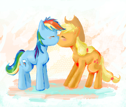 Size: 2707x2307 | Tagged: safe, artist:lotothetrickster, applejack, rainbow dash, earth pony, pegasus, pony, g4, backwards cutie mark, duo, eyes closed, female, high res, kissing, lesbian, mare, ship:appledash, shipping, traditional art, watercolor painting