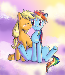Size: 2546x2934 | Tagged: safe, artist:lotothetrickster, applejack, rainbow dash, earth pony, pegasus, pony, g4, blushing, cloud, duo, eyes closed, female, freckles, high res, lesbian, mare, missing accessory, ship:appledash, shipping, sitting, sky