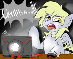 Size: 2500x2000 | Tagged: safe, artist:celine-artnsfw, artist:jitterbugjive, derpy hooves, pegasus, pony, g4, angry, computer, computer mouse, female, high res, laptop computer, mare, open mouth, outlast, rage, solo, upset