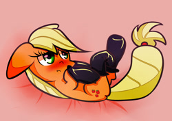 Size: 2400x1700 | Tagged: safe, artist:joycall6, applejack, earth pony, pony, g4, :o, blushing, boots, cute, dressing, female, fireproof boots, floppy ears, hoof hold, jackabetes, legs in air, lidded eyes, lying down, on back, open mouth, pink background, shoes, simple background, solo