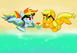 Size: 2300x1600 | Tagged: safe, artist:joycall6, applejack, rainbow dash, earth pony, pegasus, pony, g4, beach, drink, duo, female, lesbian, lying down, mare, prone, sharing a drink, ship:appledash, shipping, straw, sunglasses, water