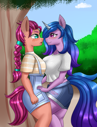 Size: 1600x2100 | Tagged: safe, artist:zachc, izzy moonbow, sunny starscout, earth pony, unicorn, anthro, g5, my little pony: a new generation, asymmetrical docking, blushing, breasts, busty izzy moonbow, clothes, duo, female, lesbian, looking at each other, ship:moonscout, shipping, tree