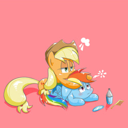 Size: 2002x2002 | Tagged: safe, artist:joycall6, applejack, rainbow dash, earth pony, pegasus, pony, g4, backwards cutie mark, comb, duo, female, grumpy, high res, lying down, mare, mirror, pink background, prone, simple background