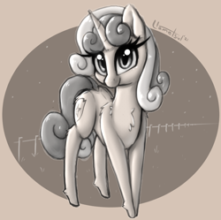 Size: 1400x1394 | Tagged: safe, artist:llametsul, sweetie belle, pony, unicorn, g4, chest fluff, cute, eyelashes, female, fence, fluffy, looking at you, mare, monochrome, older, older sweetie belle, signature, sketch, smiling, solo
