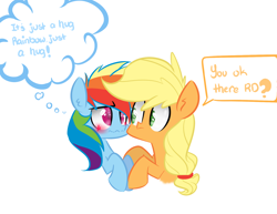 Size: 1830x1410 | Tagged: safe, artist:jankrys00, applejack, rainbow dash, earth pony, pegasus, pony, g4, blushing, cute, dialogue, duo, female, hug, lesbian, ship:appledash, shipping, simple background, thought bubble, wavy mouth, white background