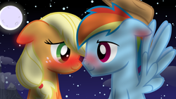 Size: 1920x1080 | Tagged: safe, artist:rainbowderp98, applejack, rainbow dash, earth pony, pegasus, pony, g4, accessory swap, blushing, duo, eye contact, female, floppy ears, half r63 shipping, looking at each other, male, moon, mountain, night, nose wrinkle, rainbow blitz, rule 63, ship:appleblitz, shipping, stars, straight