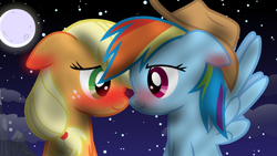 Size: 1920x1080 | Tagged: safe, artist:rainbowderp98, applejack, rainbow dash, earth pony, pegasus, pony, g4, accessory swap, blushing, boop, duo, eye contact, female, floppy ears, lesbian, looking at each other, moon, night, nose wrinkle, noseboop, ship:appledash, shipping, sky, smiling, spread wings, wings
