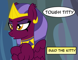 Size: 2529x1957 | Tagged: safe, artist:badumsquish, derpibooru exclusive, the sphinx, sphinx, g4, angry, crossed arms, dialogue, egyptian, egyptian headdress, egyptian pony, eyeshadow, fangs, folded wings, headdress, jewelry, lidded eyes, makeup, pyramid, reaction image, show accurate, sitting, solo, somnambula (location), somnambulan curse, tiara, unamused, wings