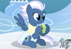 Size: 2360x1640 | Tagged: safe, artist:mommymidday, night glider, pegasus, pony, g4, abdl, adult foal, apple juice, clothes, cloudsdale, cute, cutie mark, diaper, diaper fetish, drinking, fetish, juice, juice box, non-baby in diaper, poofy diaper, show accurate, signature, sitting, solo, spread wings, windswept mane, wings