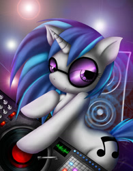 Size: 1275x1637 | Tagged: safe, artist:grimtalesreaper, dj pon-3, vinyl scratch, pony, unicorn, g4, bipedal, cute, female, lidded eyes, looking at you, mare, record, smiling, solo, speaker, strobe lights, sunglasses, turntable, vinylbetes