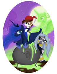 Size: 3825x4950 | Tagged: safe, artist:nowego, nightmare moon, pipsqueak, princess luna, zecora, alicorn, earth pony, pony, zebra, g4, luna eclipsed, absurd resolution, cauldron, duality, moon, night, nightmare night