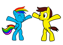 Size: 1280x913 | Tagged: safe, artist:onebigbarbarian, oc, oc:button rush, oc:johnny, oc:johnny "the human stallion", earth pony, pegasus, pony, 2022 community collab, derpibooru community collaboration, bipedal, duo, eyes closed, male, not rainbow dash, open mouth, simple background, transparent background