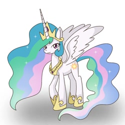 Size: 1000x1000 | Tagged: safe, artist:winter-scarf, princess celestia, alicorn, pony, g4, crown, female, hoof shoes, jewelry, looking at you, mare, peytral, regalia, simple background, smiling, solo, white background, wings