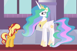 Size: 1280x851 | Tagged: safe, artist:winter-scarf, princess celestia, sunset shimmer, alicorn, pony, unicorn, equestria girls, equestria girls specials, g4, my little pony equestria girls: better together, my little pony equestria girls: forgotten friendship, carpet, crown, duo, fear, female, forgiveness, jewelry, mare, necklace, red carpet, regalia, remorse, reunion, the prodigal sunset