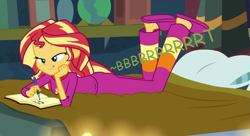Size: 765x416 | Tagged: safe, edit, edited screencap, editor:thedarkpony, screencap, sunset shimmer, equestria girls, equestria girls specials, g4, my little pony equestria girls: better together, my little pony equestria girls: forgotten friendship, ass, bed, bunset shimmer, butt, clothes, cropped, fart, fart edit, fart noise, female, onomatopoeia, pajamas, sound effects
