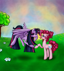 Size: 900x1000 | Tagged: safe, artist:ketrin0cat, pinkie pie, twilight sparkle, alicorn, earth pony, pony, g4, alternate hairstyle, duo, duo female, eye contact, female, flower, flying, grass, lesbian, looking at each other, mare, ship:twinkie, shipping, sky, smiling, touching hooves, tree, twilight sparkle (alicorn), wings