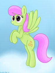 Size: 3016x4032 | Tagged: safe, artist:rainbowšpekgs, merry may, pegasus, pony, g4, background pony, cloud, female, flying, high res, looking at you, mare, sky, smiling, smiling at you, solo, spread wings, tail, two toned mane, two toned tail, wings