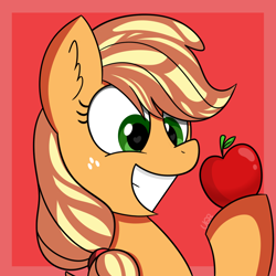 Size: 1000x1000 | Tagged: safe, artist:vale-bandicoot96, applejack, earth pony, pony, g4, apple, bust, cute, female, food, holding, jackabetes, mare, missing accessory, red background, silly, silly pony, simple background, smiling, solo, that pony sure does love apples