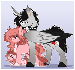 Size: 1902x1775 | Tagged: safe, artist:krypticquartz, oc, oc only, alicorn, earth pony, pegasus, pony, choker, female, lying down, male, mare, prone, size difference, spiked choker, stallion