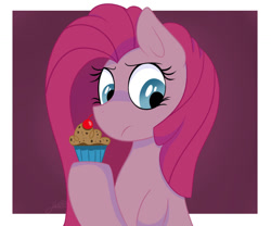 Size: 1024x854 | Tagged: safe, artist:vale-bandicoot96, pinkie pie, earth pony, pony, fanfic:cupcakes, g4, bust, cherry, cupcake, female, food, frown, holding, mare, pinkamena diane pie, solo