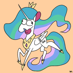 Size: 1024x1024 | Tagged: safe, artist:richard-skip, princess celestia, alicorn, pony, g4, derp, female, funny, majestic as fuck, mare, open mouth, orange background, sillestia, silly, silly pony, simple background, solo, sun, tongue out, wat