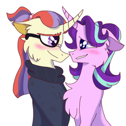 Size: 2800x2800 | Tagged: safe, artist:lolwise, moondancer, starlight glimmer, pony, unicorn, g4, blushing, chest fluff, crack shipping, crossed horns, curved horn, duo, eye clipping through hair, female, floppy ears, fluffy, glasses, glimmerdancer, grin, high res, horn, horns are touching, lesbian, looking at each other, mare, shipping, simple background, smiling, smiling at each other, transparent background