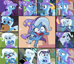Size: 1280x1112 | Tagged: safe, screencap, trixie, pony, unicorn, best trends forever, equestria girls, equestria girls series, forgotten friendship, friendship gems, g4, g4.5, my little pony equestria girls, my little pony: pony life, street magic with trixie, to where and back again, spoiler:choose your own ending (season 2), spoiler:eqg series (season 2), bag, bean mouth, best trends forever: twilight sparkle, bikini, cape, clothes, collage, evolution, female, glasses, hat, mouth hold, open mouth, saddle bag, sock it to me: trixie, solo, swimsuit, top hat, trixie's cape, trixie's hat, twilight's castle