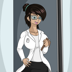 Size: 2000x2000 | Tagged: safe, artist:novaspark, part of a set, oc, oc only, oc:nova spark, human, series:soul snack shenanigans, barely pony related, big breasts, breasts, clothes, female, high res, humanized, humanized oc, lab coat, solo