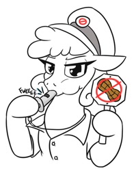 Size: 524x659 | Tagged: safe, artist:jargon scott, oc, oc only, oc:officer nutless, earth pony, pony, black and white, blowing whistle, clothes, female, floppy ears, grayscale, hat, mare, monochrome, no nut november, nut, partial color, puffy cheeks, sign, simple background, solo, that pony sure does love whistles, uniform, whistle, white background