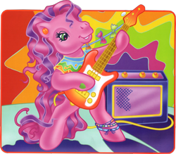 Size: 778x681 | Tagged: safe, artist:lyn fletcher, skywishes, earth pony, pony, g3, official, acid trip, amp, bipedal, bow, bracelet, clothes, colorful, curly hair, curly mane, electric guitar, friendship bracelet, green eyes, guitar, jewelry, kite string, long mane, musical instrument, neon, noise cancelling earbuds, pink hair, pony pop stars, purple coat, purple hair, shirt, simple background, solo, standing, t-shirt, tie dye, transparent background