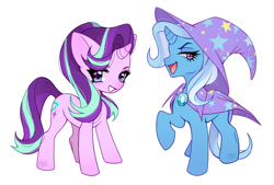 Size: 4623x3130 | Tagged: safe, artist:winnievincent, starlight glimmer, trixie, pony, unicorn, g4, curved horn, duo, duo female, female, grin, high res, horn, looking at you, mare, open mouth, open smile, signature, simple background, smiling, smiling at you, white background