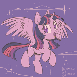 Size: 1280x1280 | Tagged: safe, artist:imvicka, twilight sparkle, alicorn, pony, g4, cloud, colored pupils, cute, female, flying, mare, open mouth, sky, solo, spread wings, stars, twiabetes, twilight sparkle (alicorn), wings