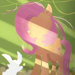 Size: 2340x2340 | Tagged: safe, artist:杏银花开, angel bunny, fluttershy, pegasus, pony, rabbit, g4, animal, crepuscular rays, duo, female, high res, mare