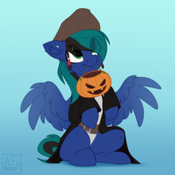 Size: 3500x3500 | Tagged: safe, artist:airfly-pony, oc, oc only, oc:ender, pegasus, pony, begging, candy bag, clothes, costume, cute, halloween, halloween costume, hat, high res, holiday, jack sparrow, jack-o-lantern, male, multiple variants, pegasus oc, pirate, pirate hat, pirates of the caribbean, pumpkin, spread wings, stallion, trick or treat, wings