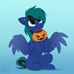 Size: 3500x3500 | Tagged: safe, alternate version, artist:airfly-pony, oc, oc:ender, pegasus, pony, begging, candy bag, cute, feathered wings, gradient background, halloween, high res, holiday, jack sparrow, jack-o-lantern, male, multiple variants, pegasus oc, pumpkin, solo, spread wings, stallion, trick or treat, wings