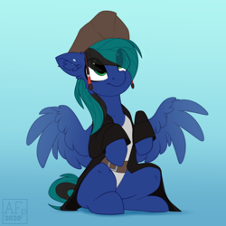 Size: 3500x3500 | Tagged: safe, alternate version, artist:airfly-pony, oc, oc:ender, pegasus, pony, begging, clothes, costume, cute, gradient background, halloween, halloween costume, hat, high res, holiday, jack sparrow, male, multiple variants, pegasus oc, pirate, pirate hat, pirates of the caribbean, spread wings, stallion, trick or treat, wings