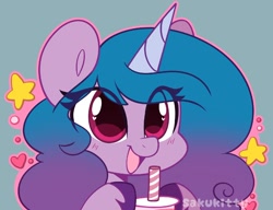 Size: 1866x1435 | Tagged: safe, artist:sakukitty, izzy moonbow, pony, unicorn, g5, my little pony: a new generation, blushing, cute, drink, drinking straw, female, izzybetes, simple background, smiling, solo