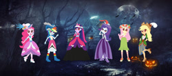 Size: 1024x455 | Tagged: safe, artist:cartoonmasterv3, applejack, fluttershy, pinkie pie, rainbow dash, rarity, twilight sparkle, alicorn, bat pony, undead, vampire, equestria girls, g4, bat ponified, clothes, flutterbat, halloween, halloween 2021, holiday, humane five, humane six, jack-o-lantern, long dress, long skirt, pumpkin, race swap, skirt, twilight sparkle (alicorn)