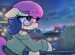 Size: 2691x1996 | Tagged: safe, artist:moozua, bon bon, sweetie drops, earth pony, pony, g4, building, city, cityscape, clothes, cloud, eye clipping through hair, eyebrows, eyebrows visible through hair, female, frown, glasses, high res, mare, night, solo, stars, sweater, tree